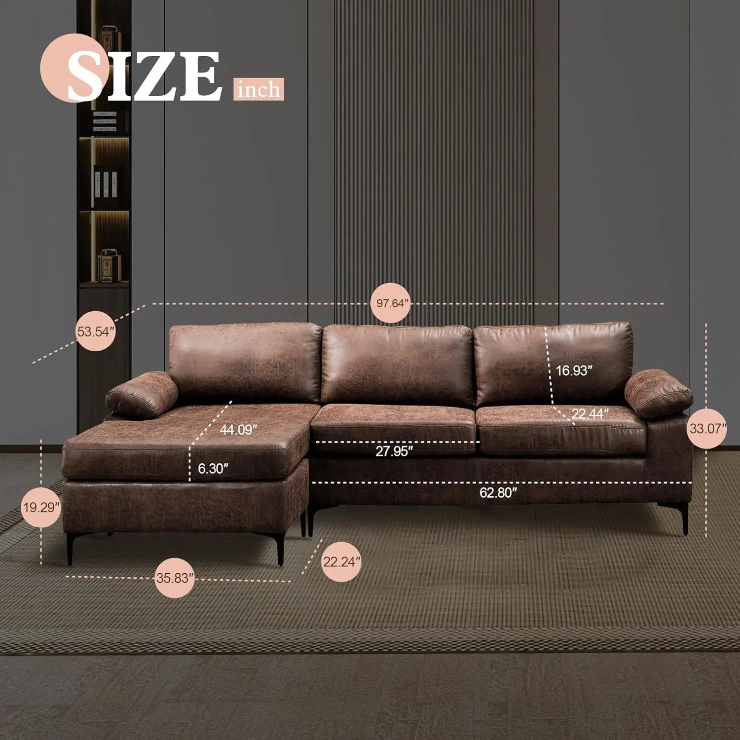 Ideal Home:  L-Shaped Sectional Sofa - 97.6" Suede Fabric 3-Seat Couch